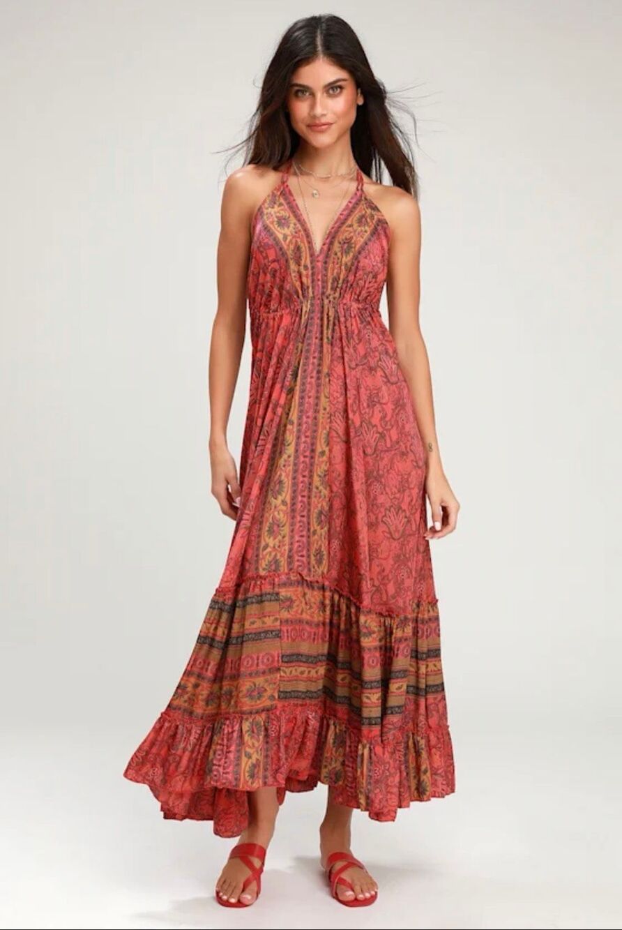 Raga Yareli Passion Struck Boho Halter Maxi Dress Coral Red L NWT